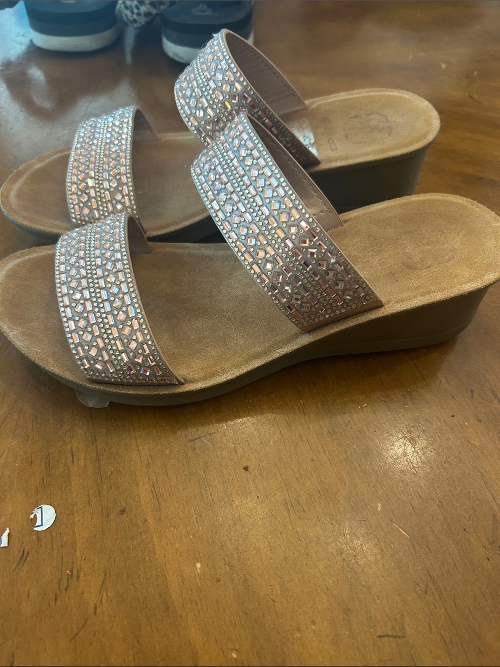 Daisy Fuentes Blush Pink Beaded Double-Strap Wedge Sandals
